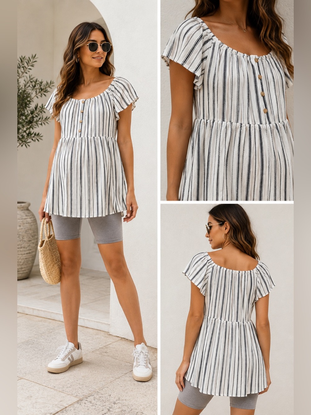 Tutta Bella Maternity Blouse White Black Striped Short Sleeve Buttons Size L
